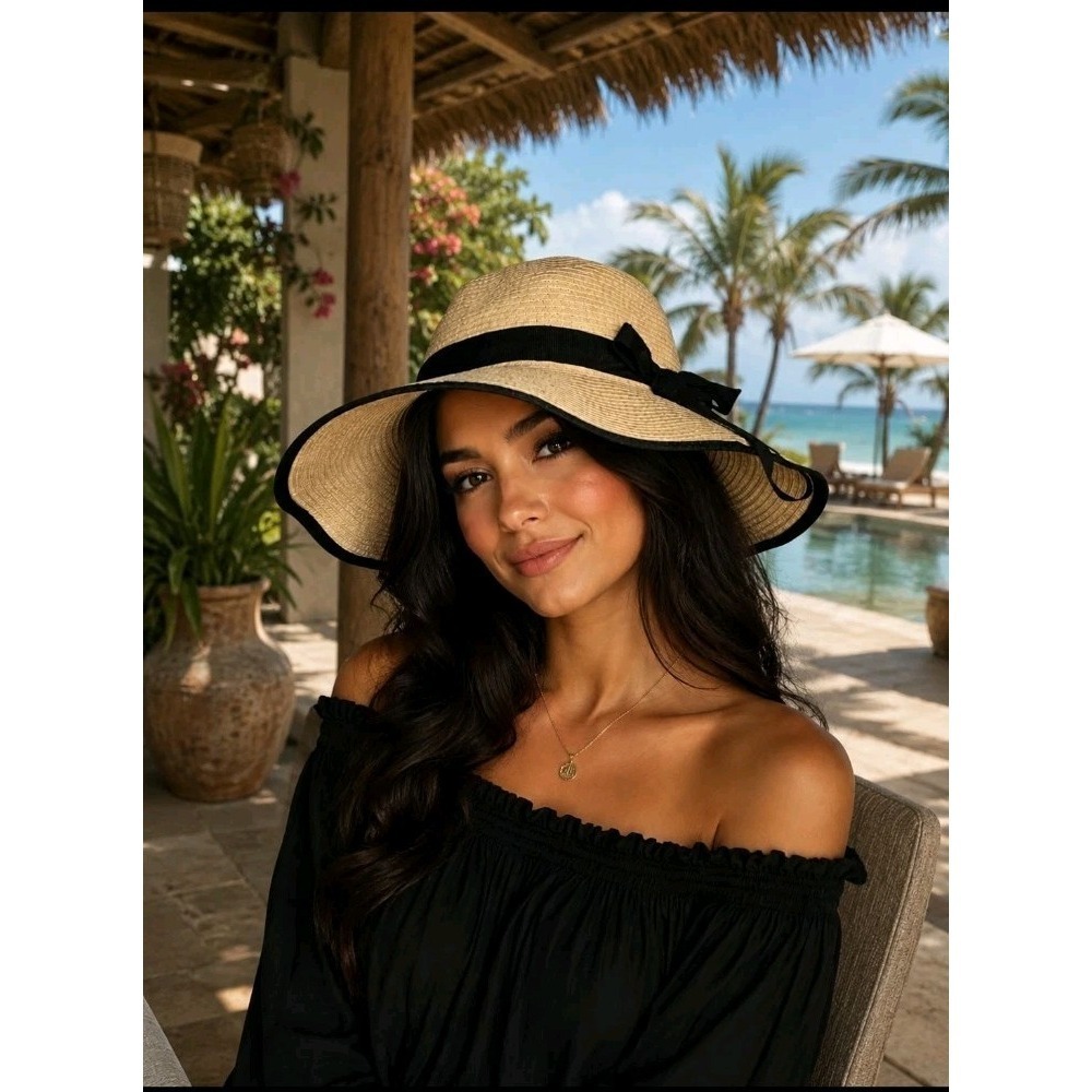Magid Hats Womens OS Cream Wide Rim Hat Black Bow Accent Sun Beach Resort